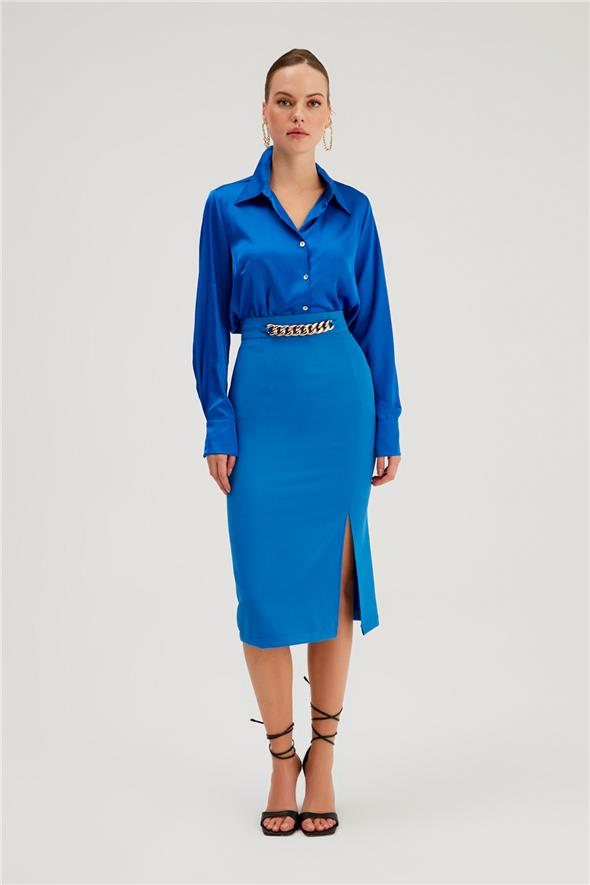 Zincir Detaylı Kalem Etek - Sax Mavi