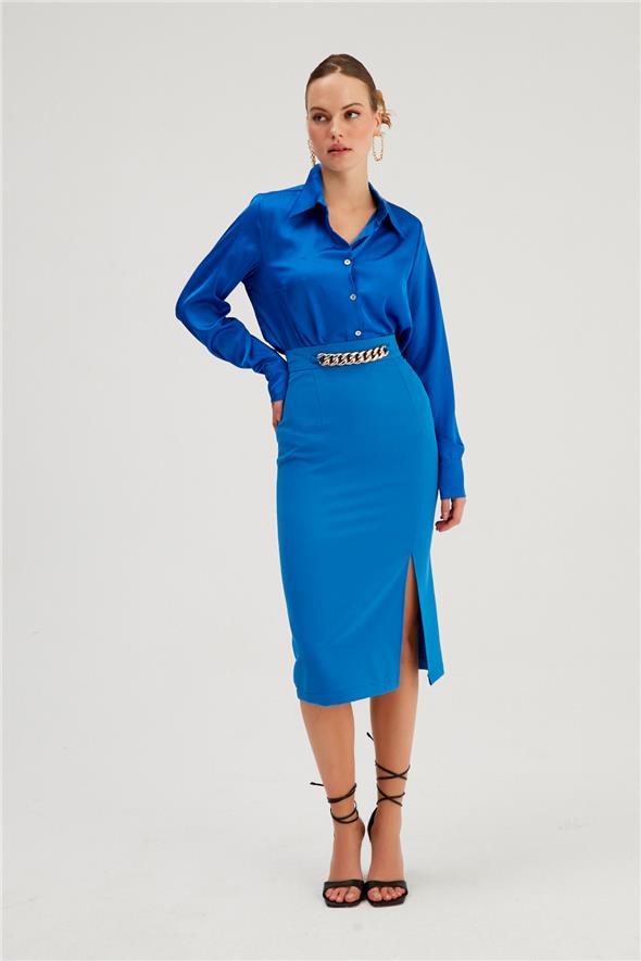 Zincir Detaylı Kalem Etek - Sax Mavi