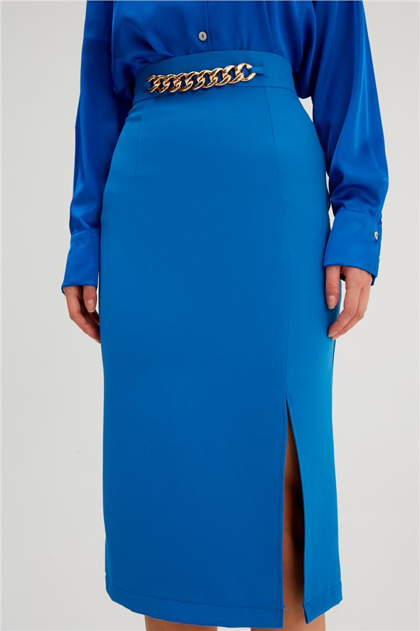 Zincir Detaylı Kalem Etek - Sax Mavi