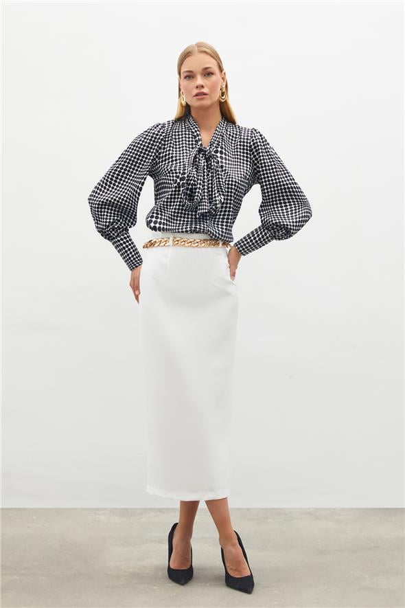 Zincir Kemerli Kalem Etek - Ekru