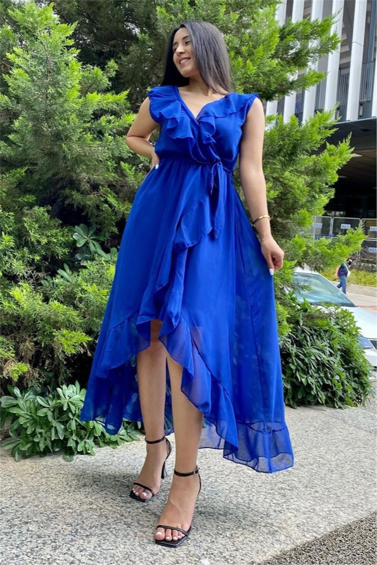 Kadın Fırfırlı Şifon Elbise Mavi