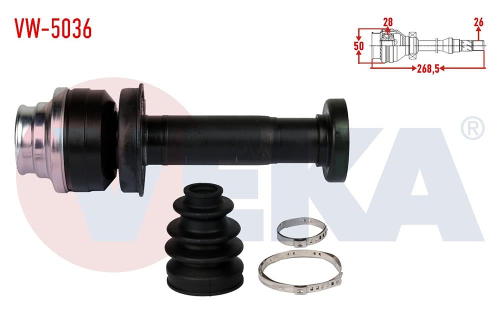 AKS KAFASI SAG ON IC VOLKSWAGEN TRANSPORTER V (7HA,7HH,7EA,7EH) 1.9 TDI 26X28X50 UZUNLUK 268.5mm 2003-2011	