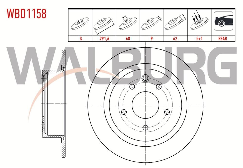 NİSSAN JUKE 10-  1,6 ARKA FREN DİSK 291,5X9X68X62 5 BİJON (WALBURG)