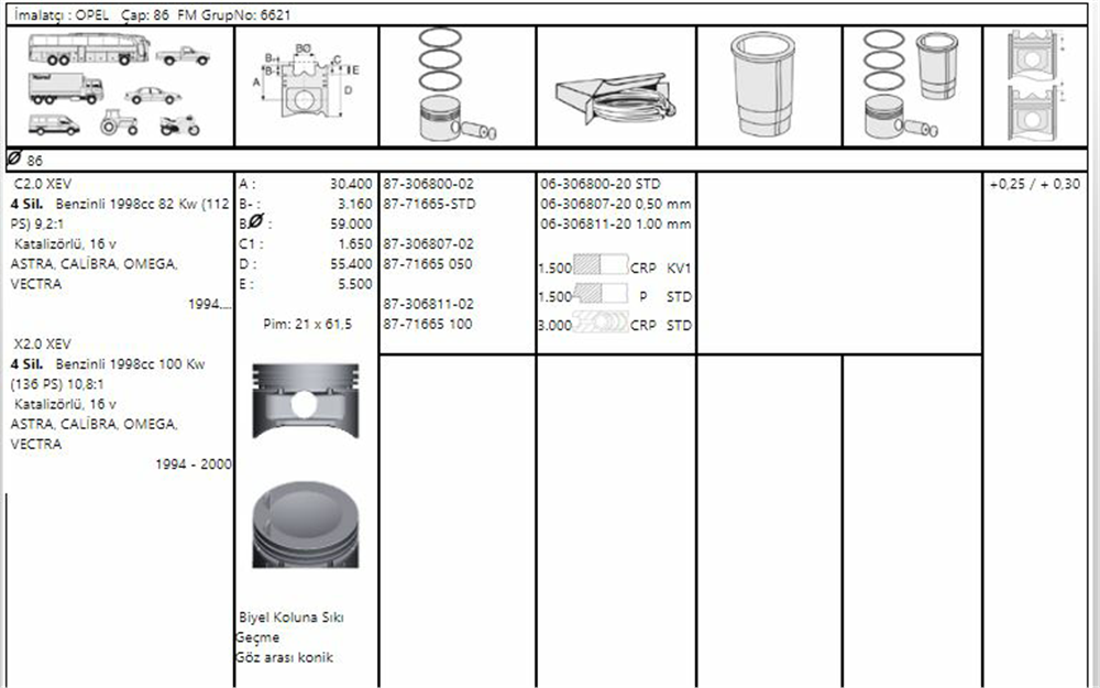 PİSTON SEGMANLI ASTRA / VECTRA 2.0 16V X20XEV-C20NE 86mm 100