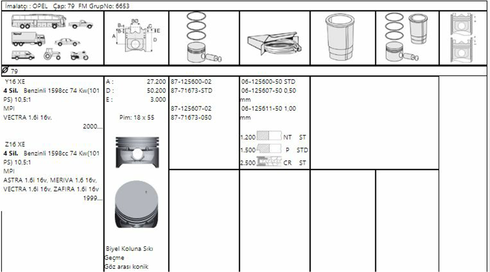 PİSTON SEGMANLI ASTRA / VECTRA / CORSA / ZAFIRA 1.6 16V Y16XE-Z16XE-X16XEL 100HP 79mm 050