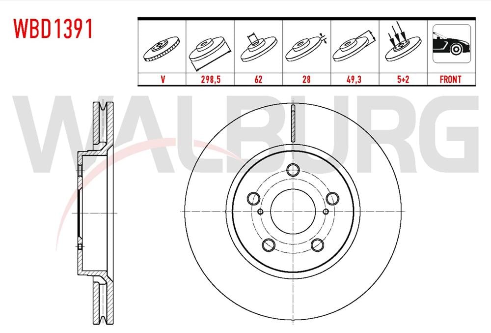 TOYOTA CHR 2016=> ÖN FREN DİSKİ 298MM 5 BIJON 43512-F4010 (WALBURG)