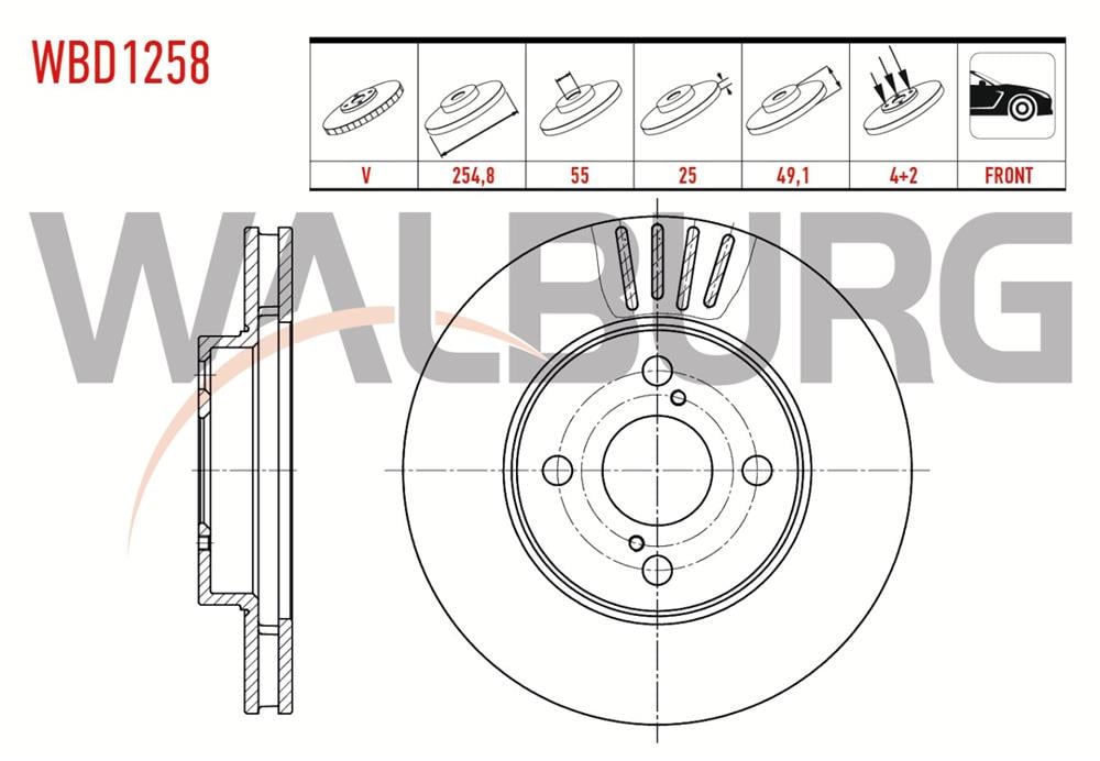 TOYOTA COROLLA 02-06 ÖN FREN DİSK 254,8X25X55X49,1 (WALBURG)