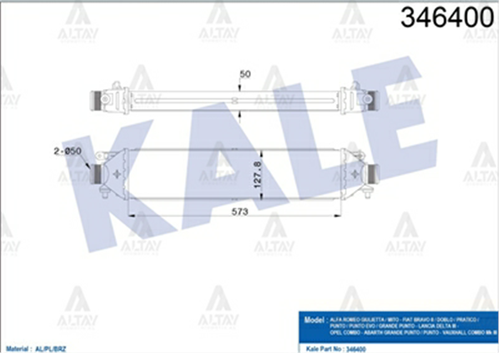 TURBO RADYATÖRÜ (INTERCOOLER) DOBLO 10=> / LINEA 10=> / PUNTO 12=> / COMBO D 12=> / BRAVO II 06=> 1.3 JTD-1.6 JTD