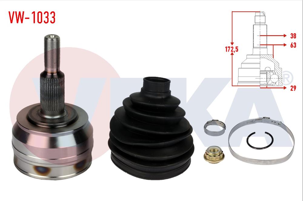 AKS KAFASI SOL-SAG ON DIS VOLKSWAGEN TRANSPORTER V (7HA,7HH,7EA,7EH) 2.5 TDI 38X29X63 UZUNLUK 172,5 mm 2003-2011	