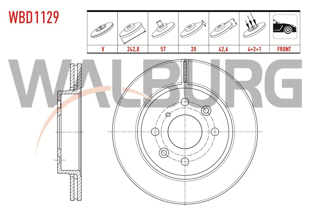 KİA SEPHİA 93-01 1,5/1,6  ÖN FREN DİSK 4 BİJON 242,8X20X57X42,6 (WALBURG)
