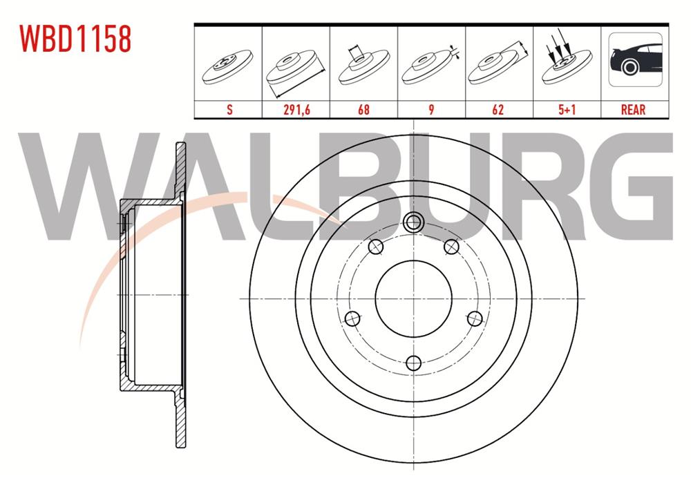 NİSSAN JUKE 10-  1,6 ARKA FREN DİSK 291,5X9X68X62 5 BİJON (WALBURG)