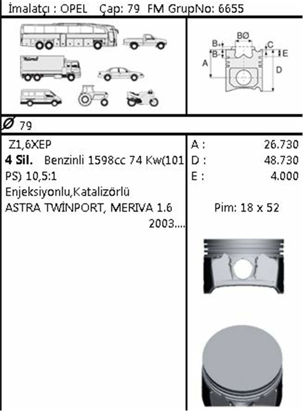 PİSTON SEGMANLI ASTRA / MERIVA 1.6 Z16XEP 101HP 79mm STD