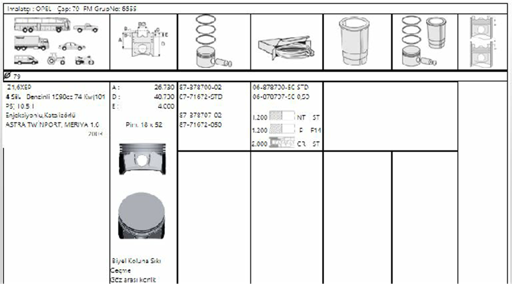 PİSTON SEGMANLI ASTRA / MERIVA 1.6 Z16XEP 101HP 79mm 050