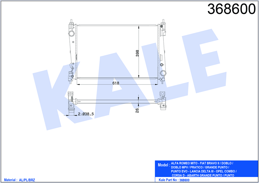 SU RADYATÖRÜ DOBLO 10-/CORSA D-PUNTO 05-/BRAVO II 07-/COMBO D 11-/MITO(MAN.VITES-)(620*398*22-BRAZIN