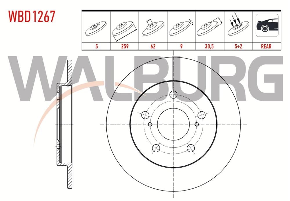 TOYOTA AURİS 07-12 ARKA FREN DİSKİ 260MM 5 BİJON 42431-12260(WALBURG)