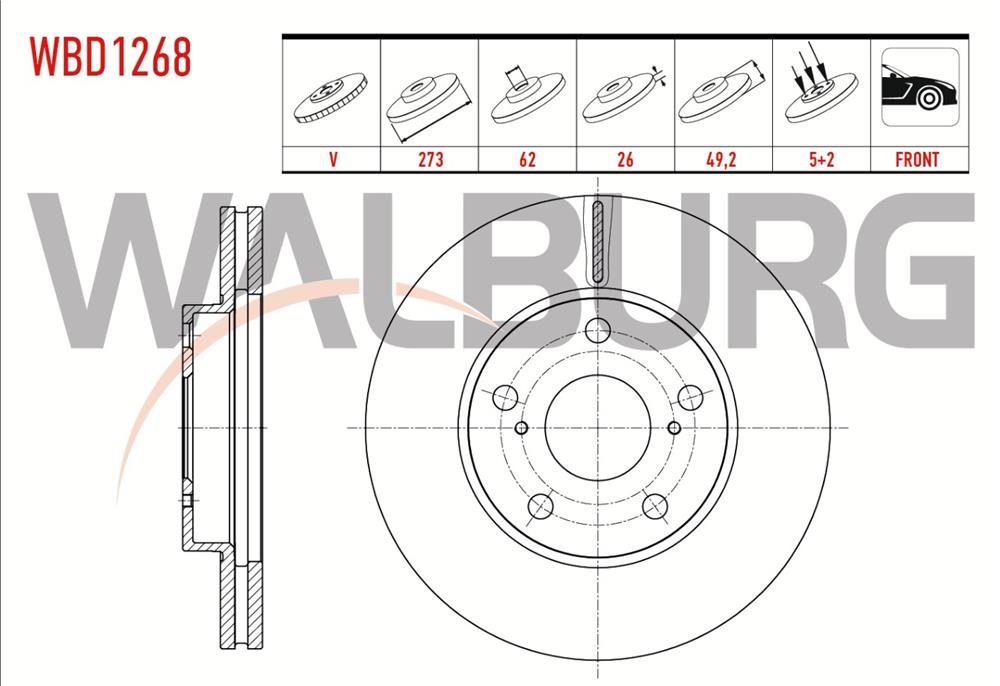 TOYOTA AURİS 07-12  ÖN FREN DİSK 5 BİJON 273X26X62X49,2 (WALBURG)