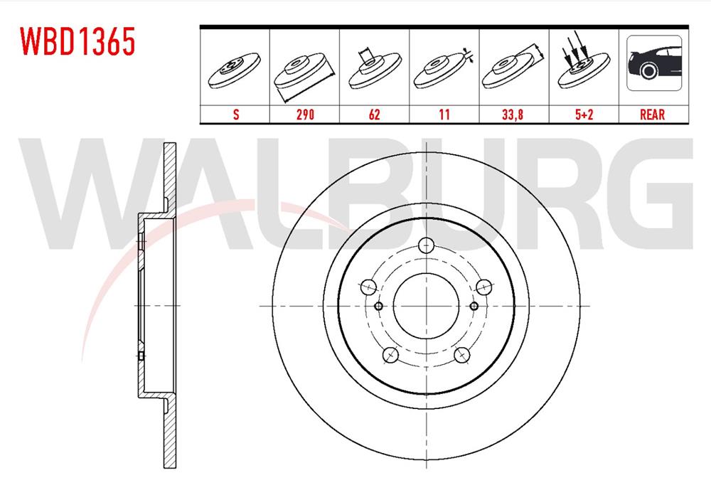 TOYOTA AVENSİS 09=> ARKA FREN DİSKİ 290MM 5 BİJON (WALBURG)