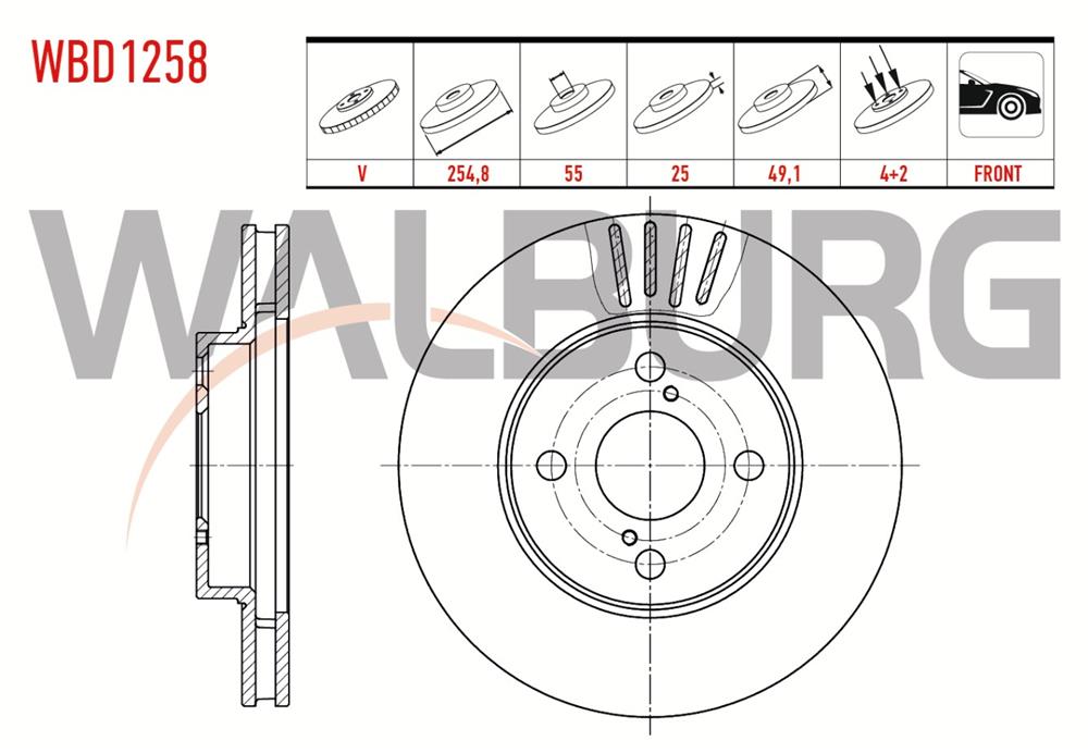TOYOTA COROLLA 02-06 ÖN FREN DİSK 254,8X25X55X49,1 (WALBURG)