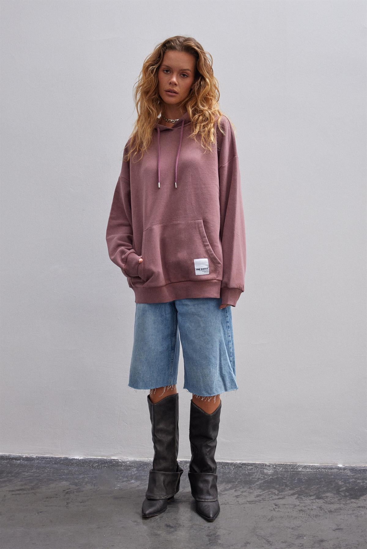 Gül Kurusu Soluk Efektli Oversize Içi Polarli Kapüşonlu Sweatshirt