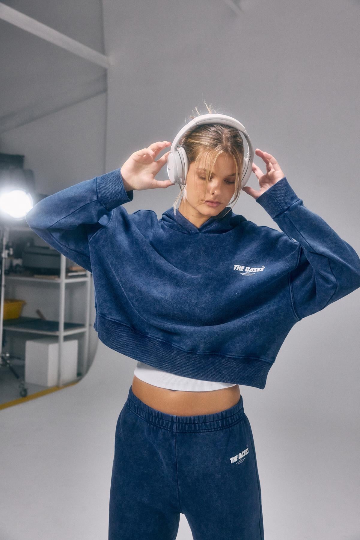 İndigo Mavi  Soluk Efetkli Kapüşonlu Boxy Fit Sweatshirt