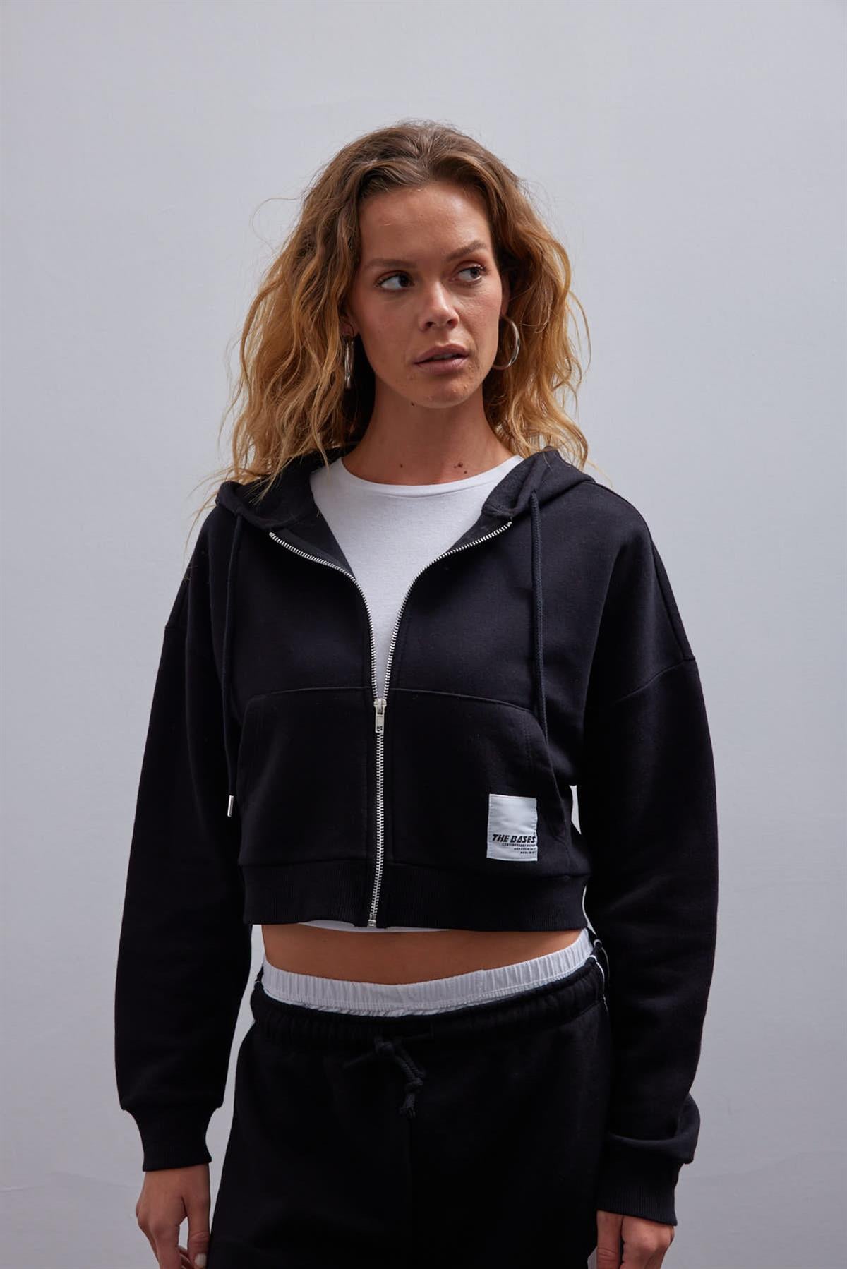 Siyah İçi Polarlı Fermuarlı Crop Sweatshirt