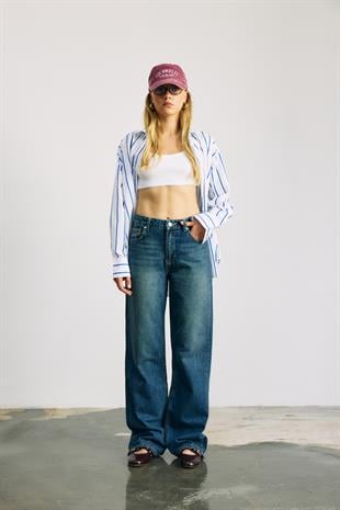 Koyu Mavi Soluk Efektli Wide Leg Geniş Paça Jeans