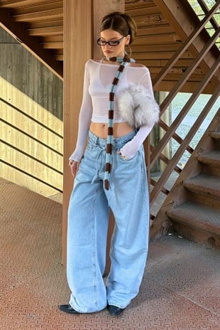Mavi Bağcık Detaylı Geniş Paça Jean