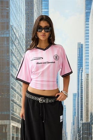 Pembe Bele Oturan Jersey Forma T-Shirt
