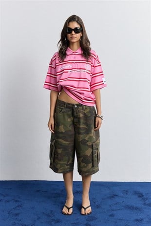 Pembe Polo Yaka Çizgili Oversize T-Shirt