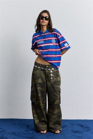 Saks Polo Yaka Çizgili Oversize T-Shirt