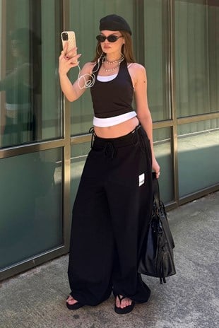 Siyah Dikiş Deteylı Yazlık Baggy Eşofman Altı