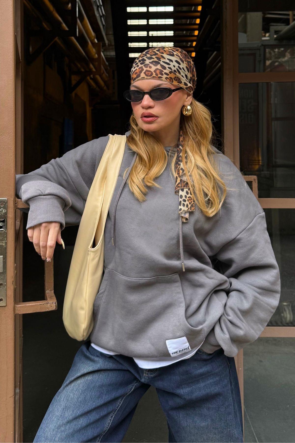 Antrasit Oversize İçi Polarli Kapüşonlu Sweatshirt