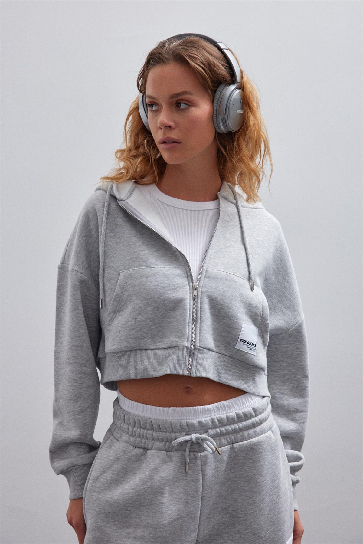 Grimelanj İçi Polarlı Fermuarlı Crop Sweatshirt