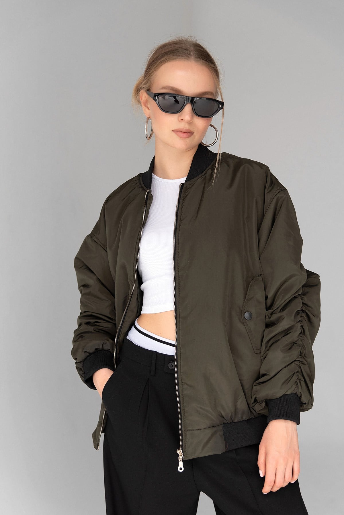 Kadın Haki Oversize Bomber Kolej Ceket