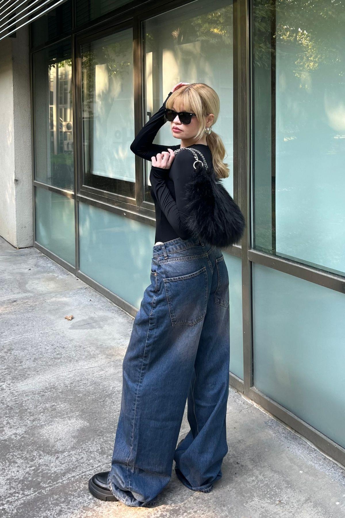 Kadın Koyu Mavi Bol Kesim Baggy Jean