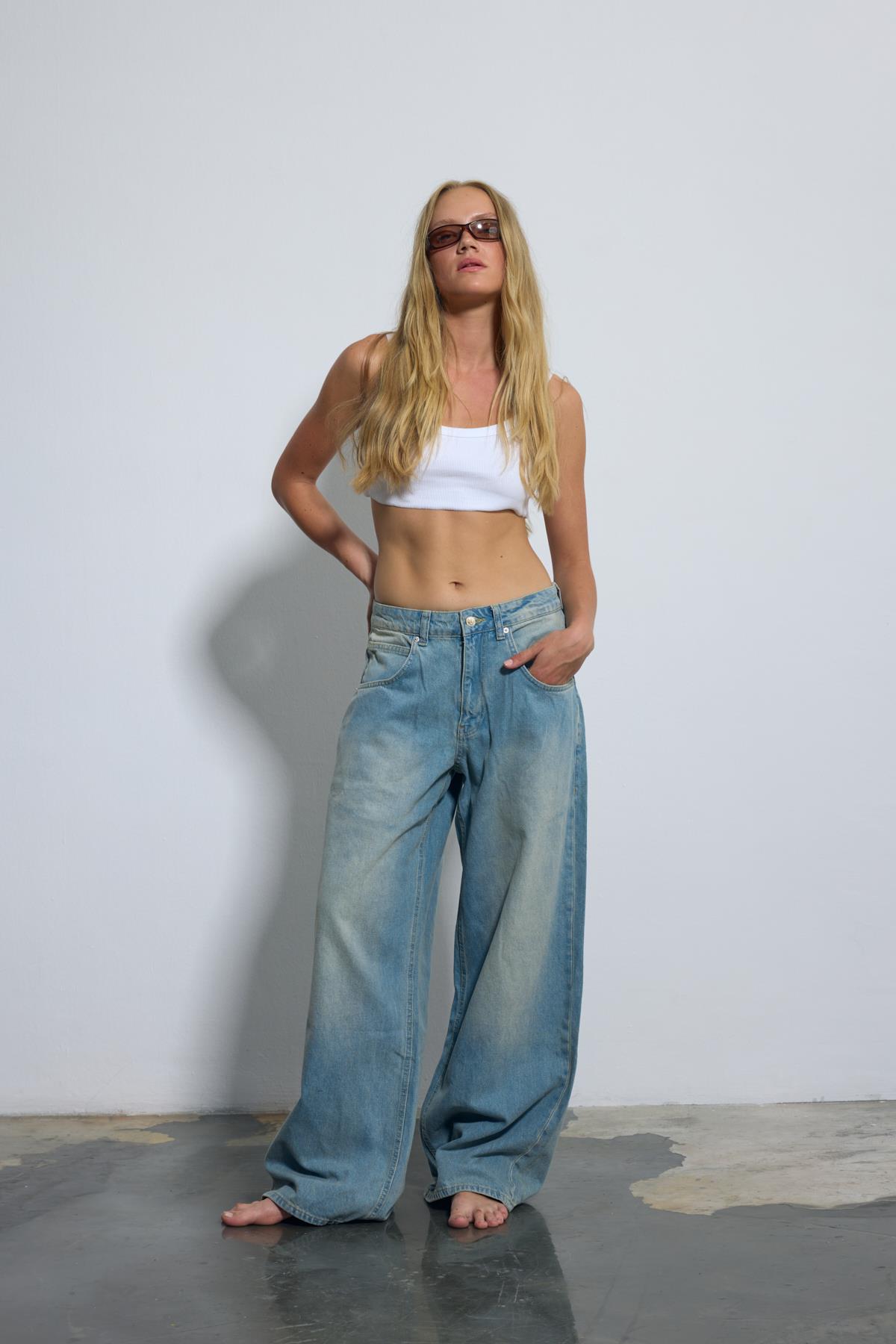 Kadın Mavi Bol Kesim Baggy Jean