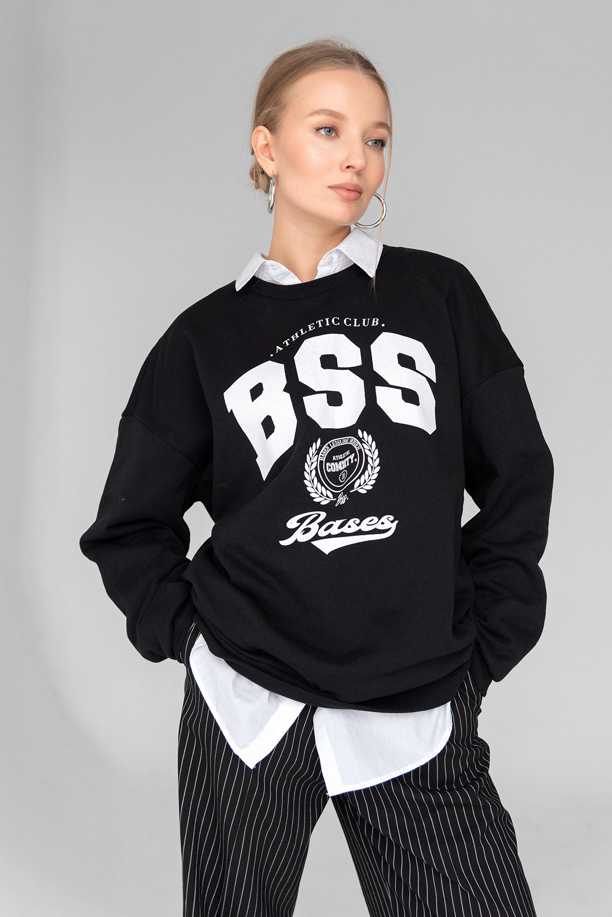 Kadın Siyah Bisiklet Yaka Baskılı Içi Polarlı Oversize Sweatshirt