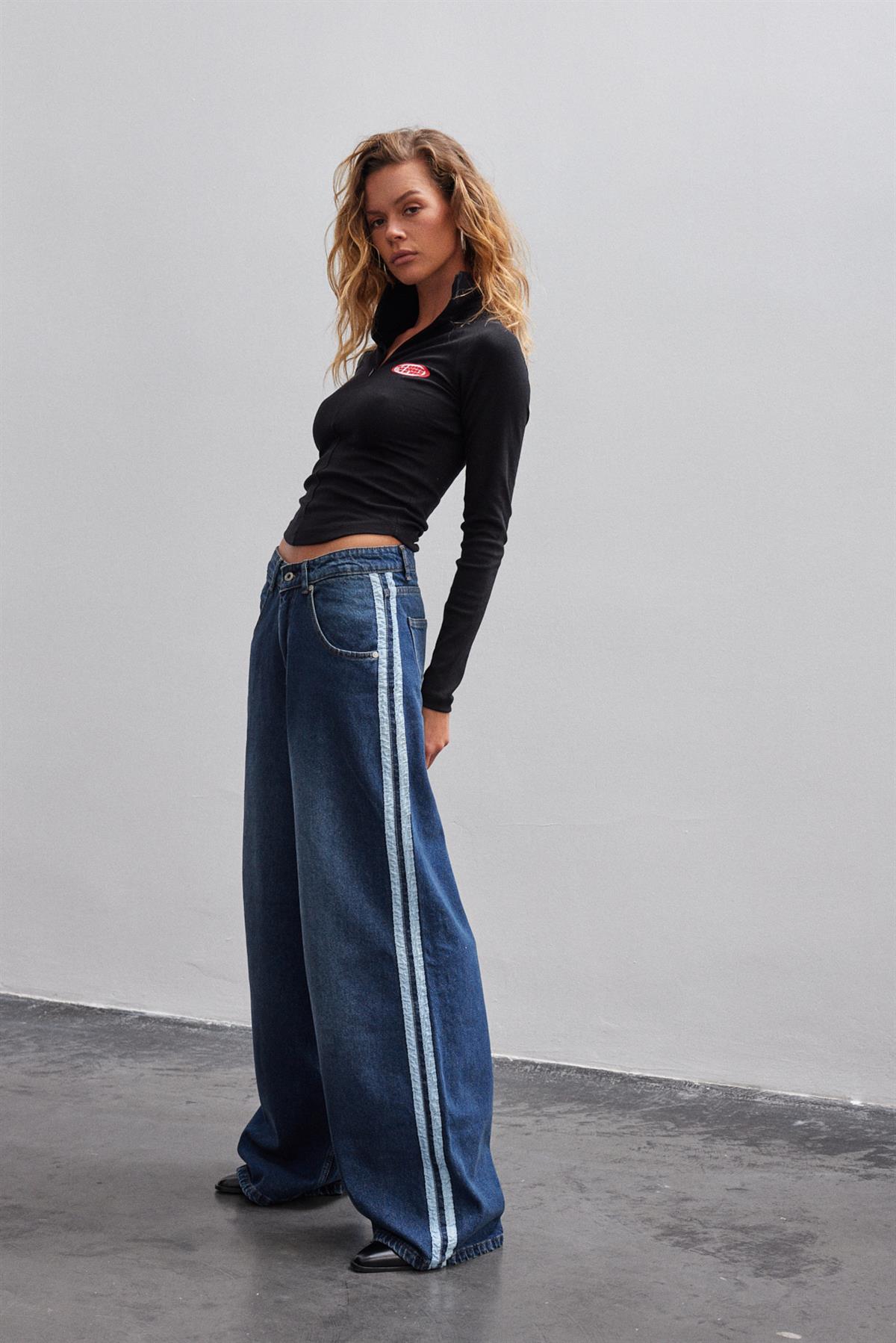 Koyu Mavi Yanı Şeritli Wide Leg Jean