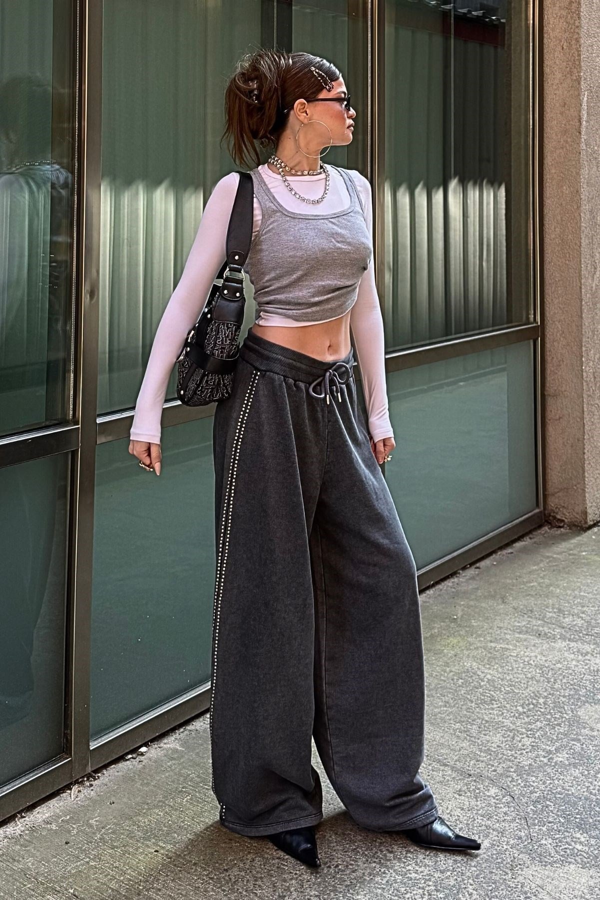 Metal Taşlı Soluk Efektli Antrasit Baggy Eşofman Altı