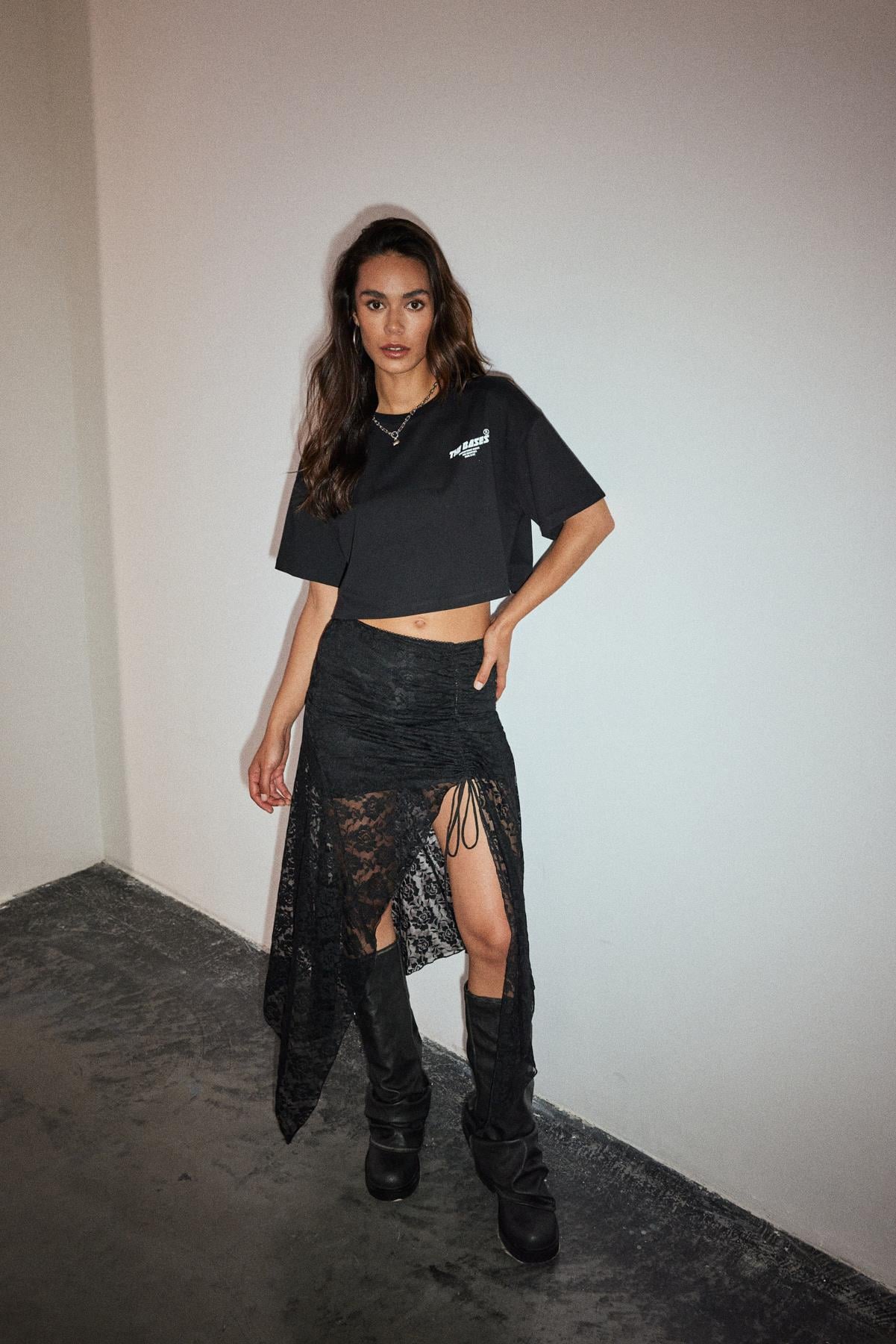 Siyah Oversize Crop Baskılı T-Shirt