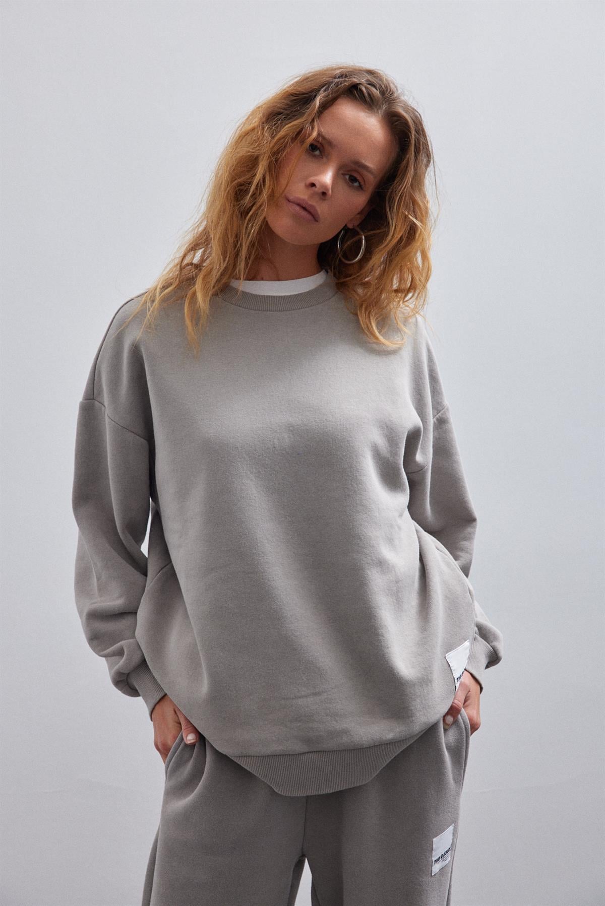 Vizon Soluk Efektli Basic Bisiklet Yaka Içi Polarlı Oversize Sweatshirt