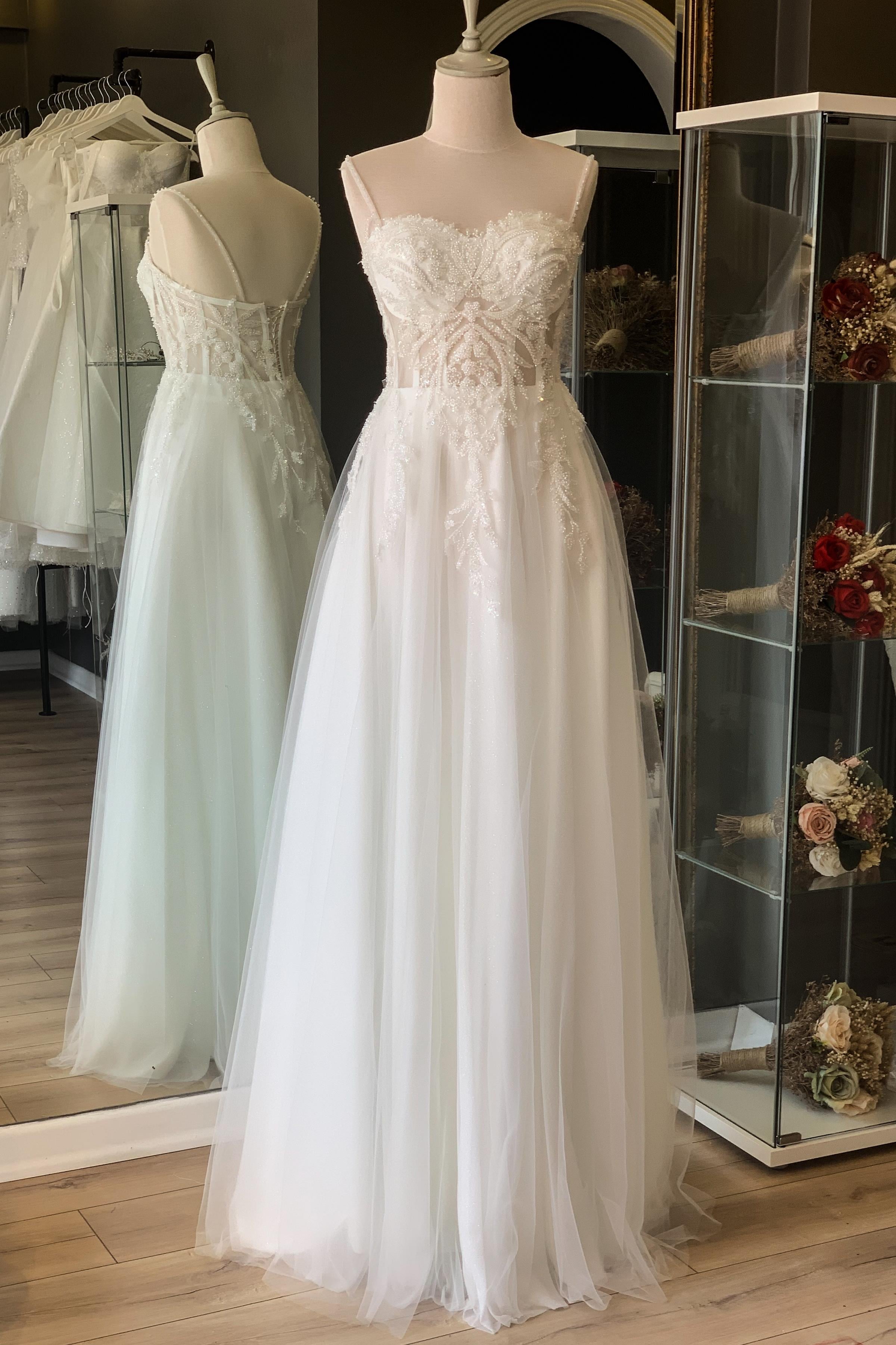 Beyaz Simli Dantel Kaplama Maxi Boy Abiye ve Nikah Elbisesi