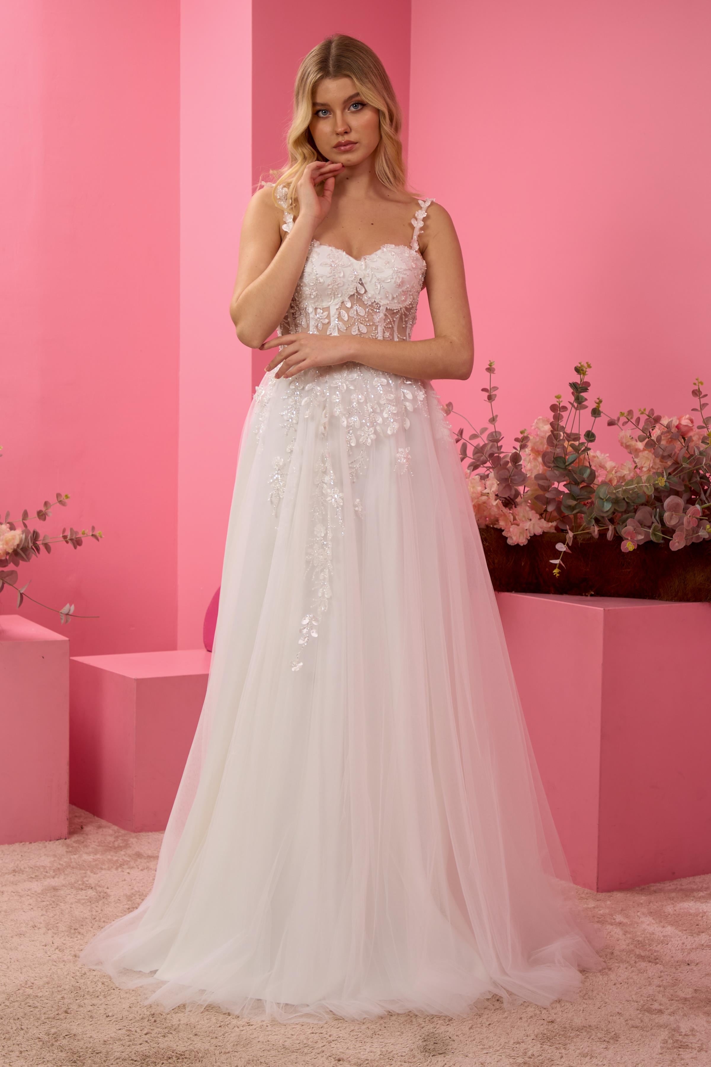 Beyaz Yaprak Desen Askılı Maxi Boy Abiye ve Nikah Elbisesi