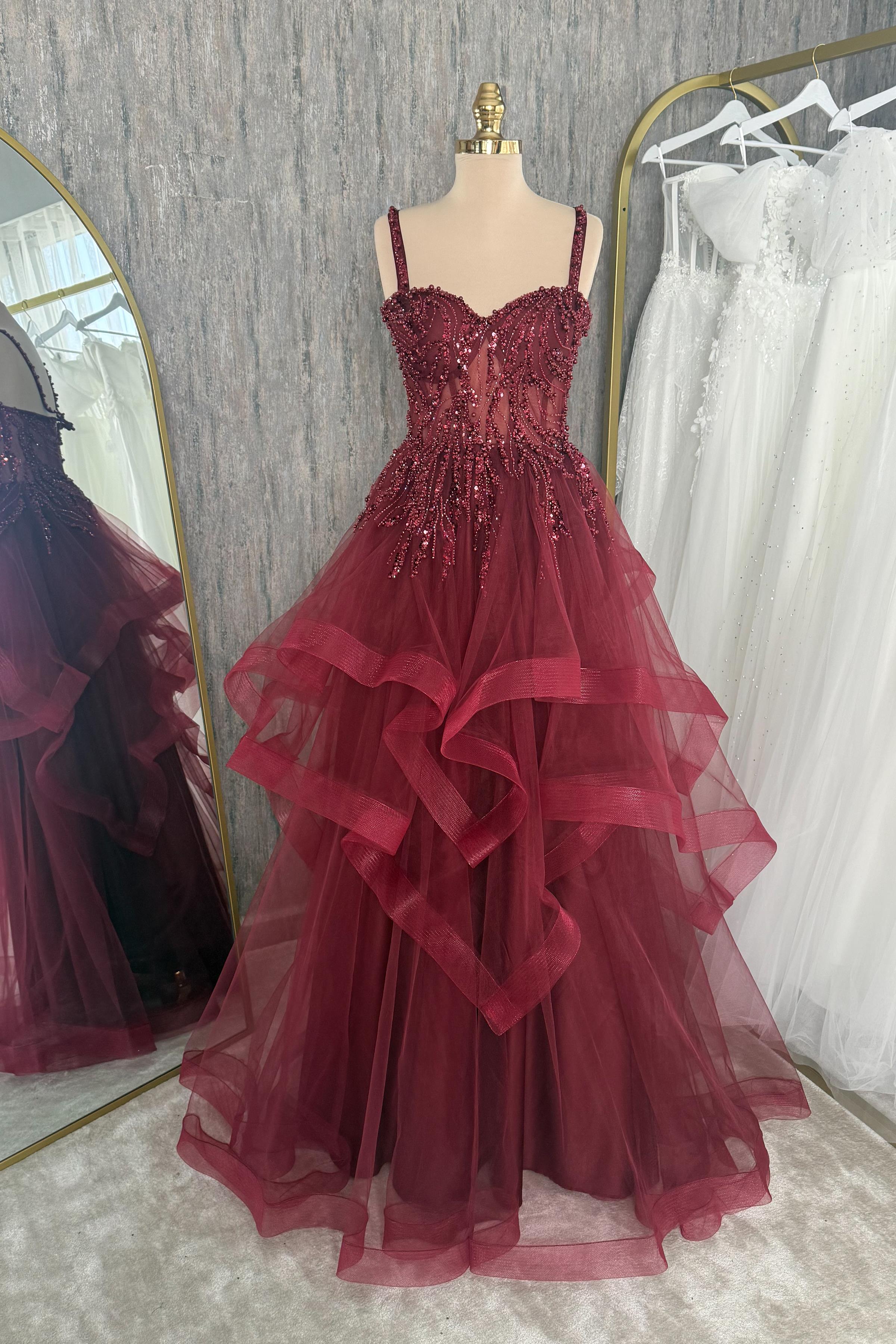 Bordo Dantel Kaplama Gren Etekli Maxi Abiye ve Gece Elbisesi