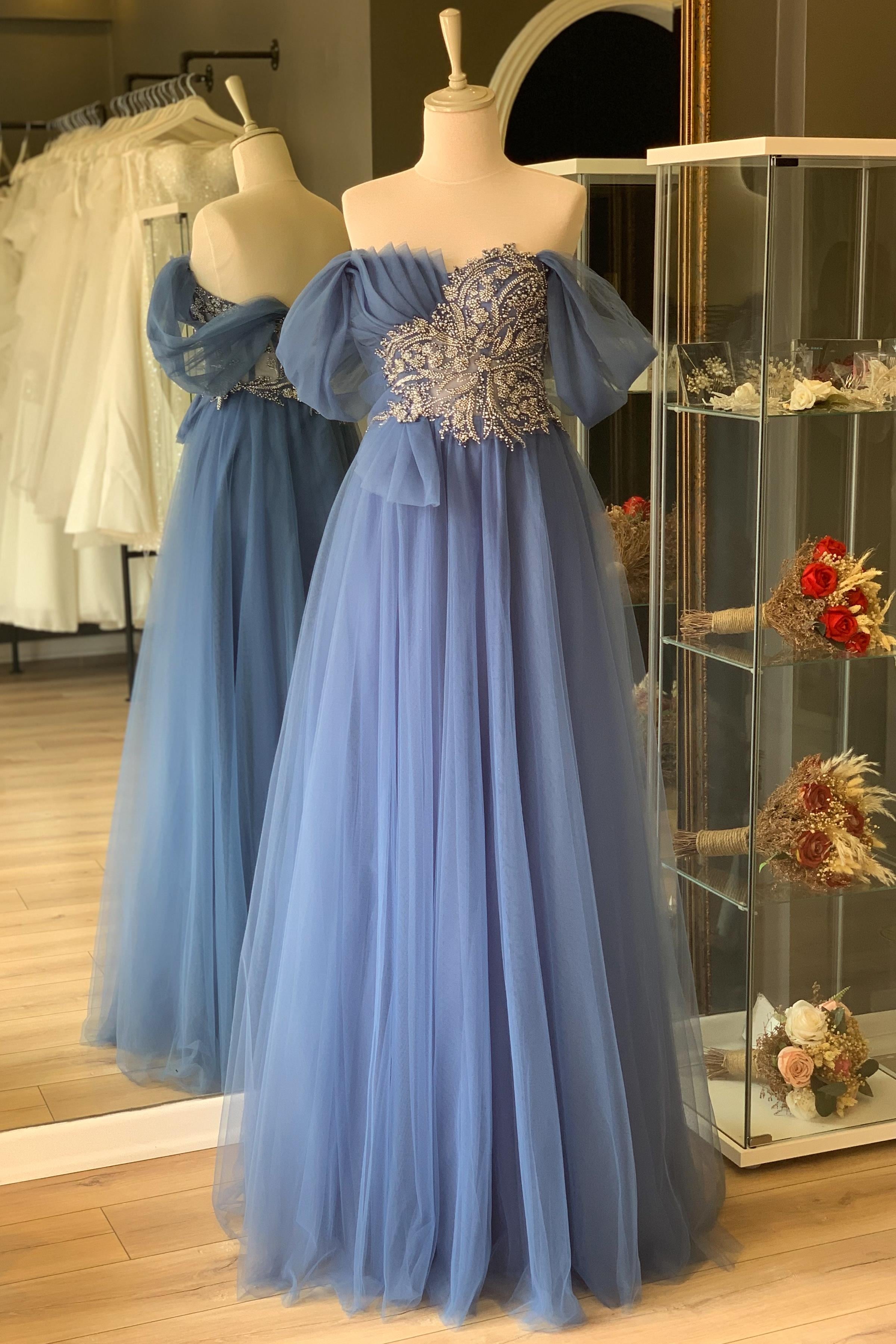 Buz Mavi Göğsü Drape Detaylı Abiye ve Gece Elbisesi