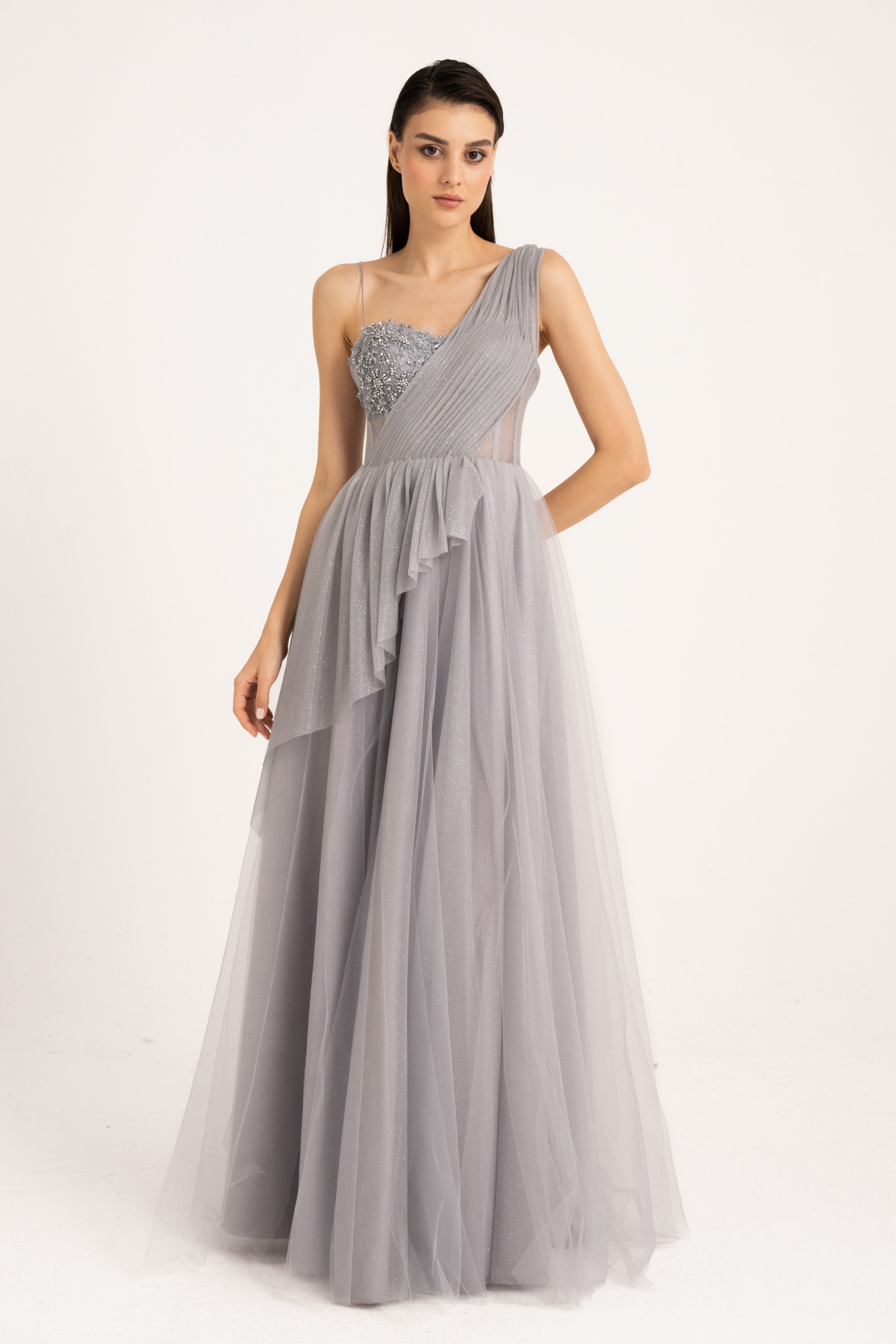 Drape Detaylı Simli Gri Abiye ve Gece Elbisesi 