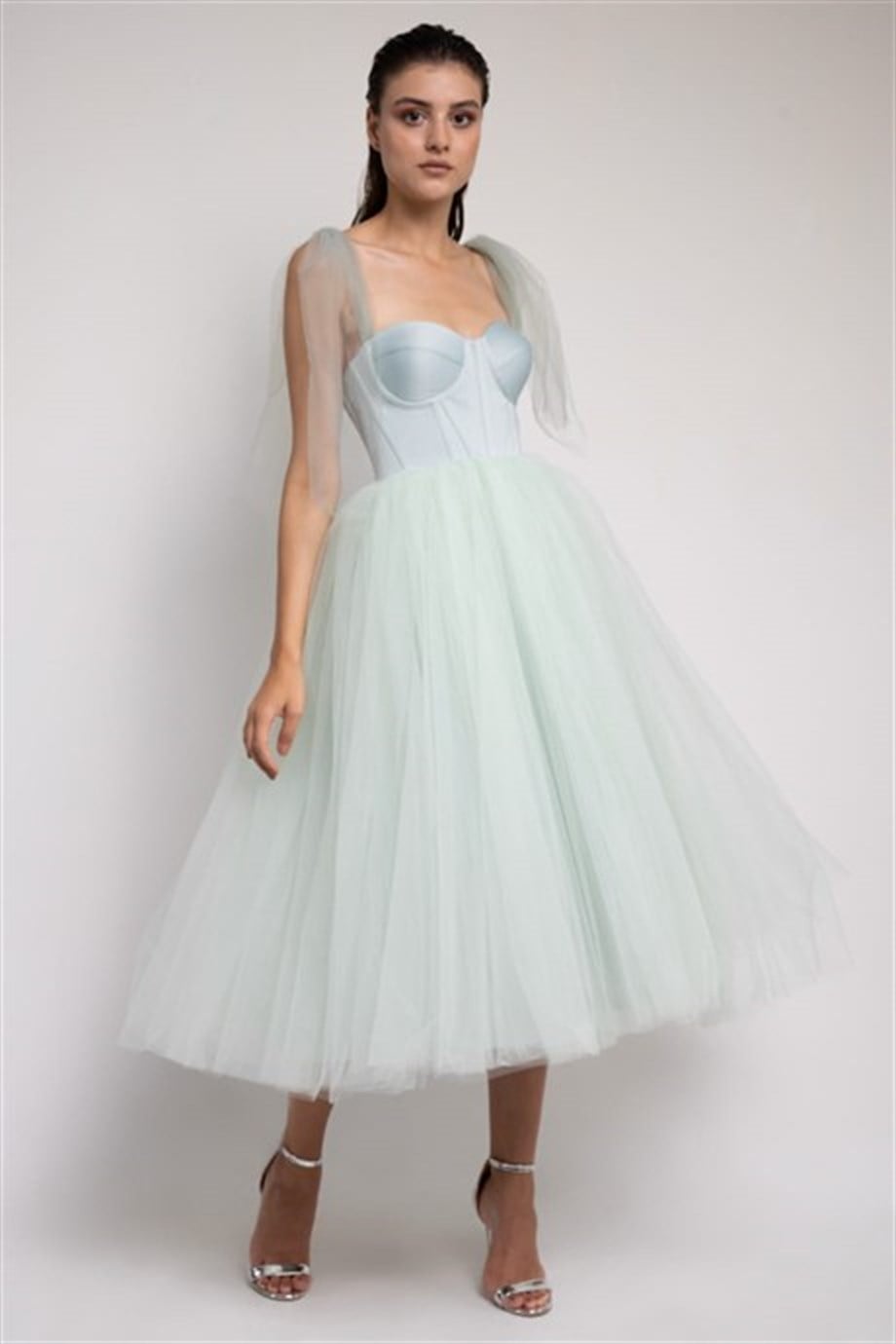 Su Yeşili Midi Boy Tül Abiye Elbise