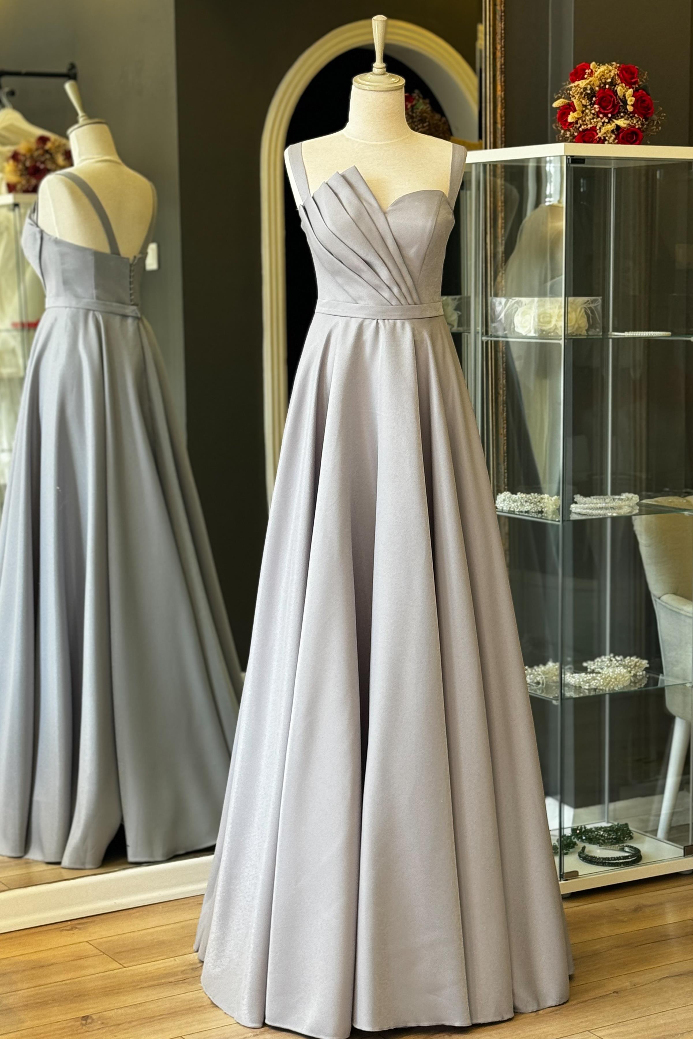 Gri Drape Detaylı Maxi Boy Saten Abiye ve Gece Elbisesi