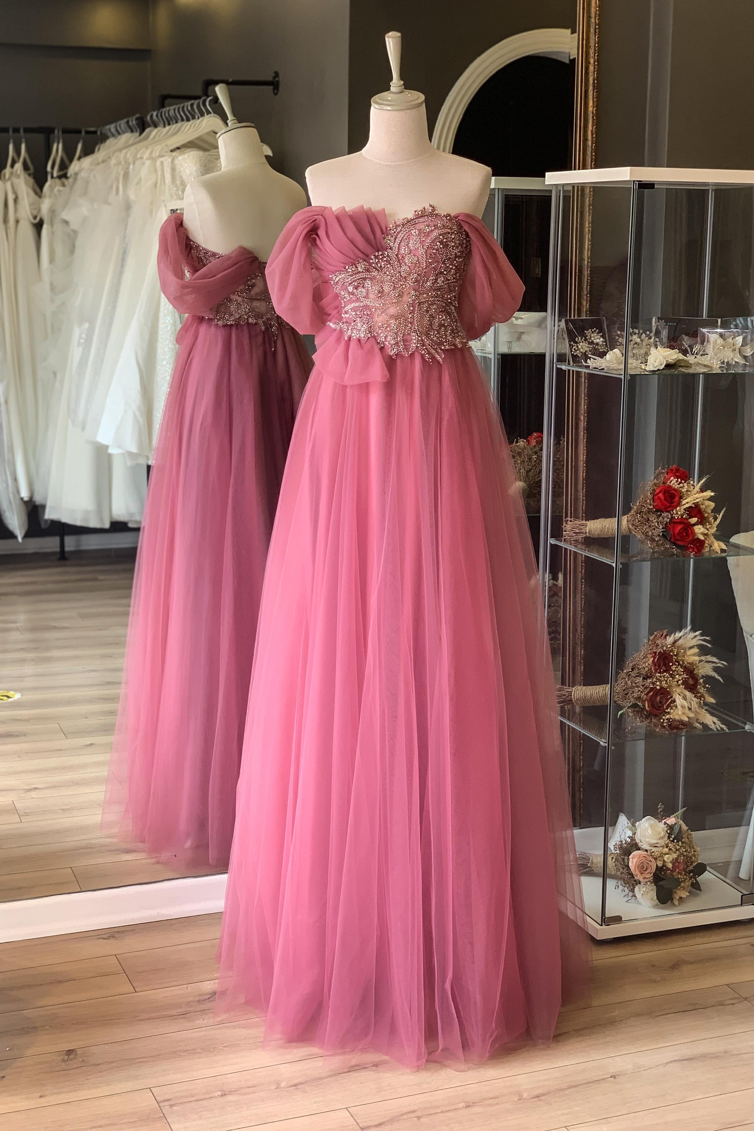 Gül Kurusu Göğsü Drape Detaylı Abiye ve Gece Elbisesi