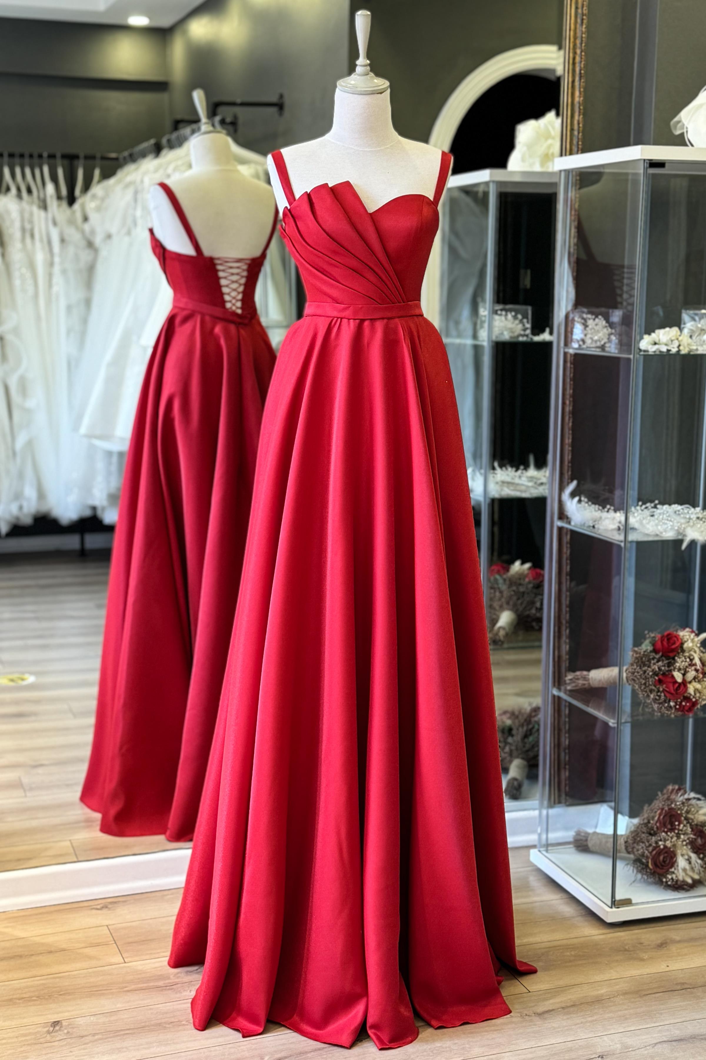Kırmızı Drape Detaylı Maxi Boy Saten Abiye ve Gece Elbisesi